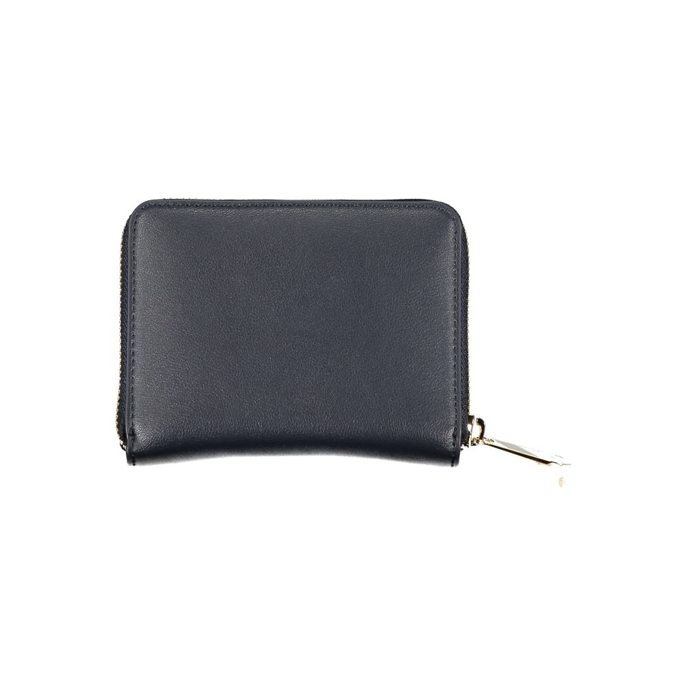 Tommy Hilfiger blue polyurethane women's wallet with multiple card slots and a sleek design.