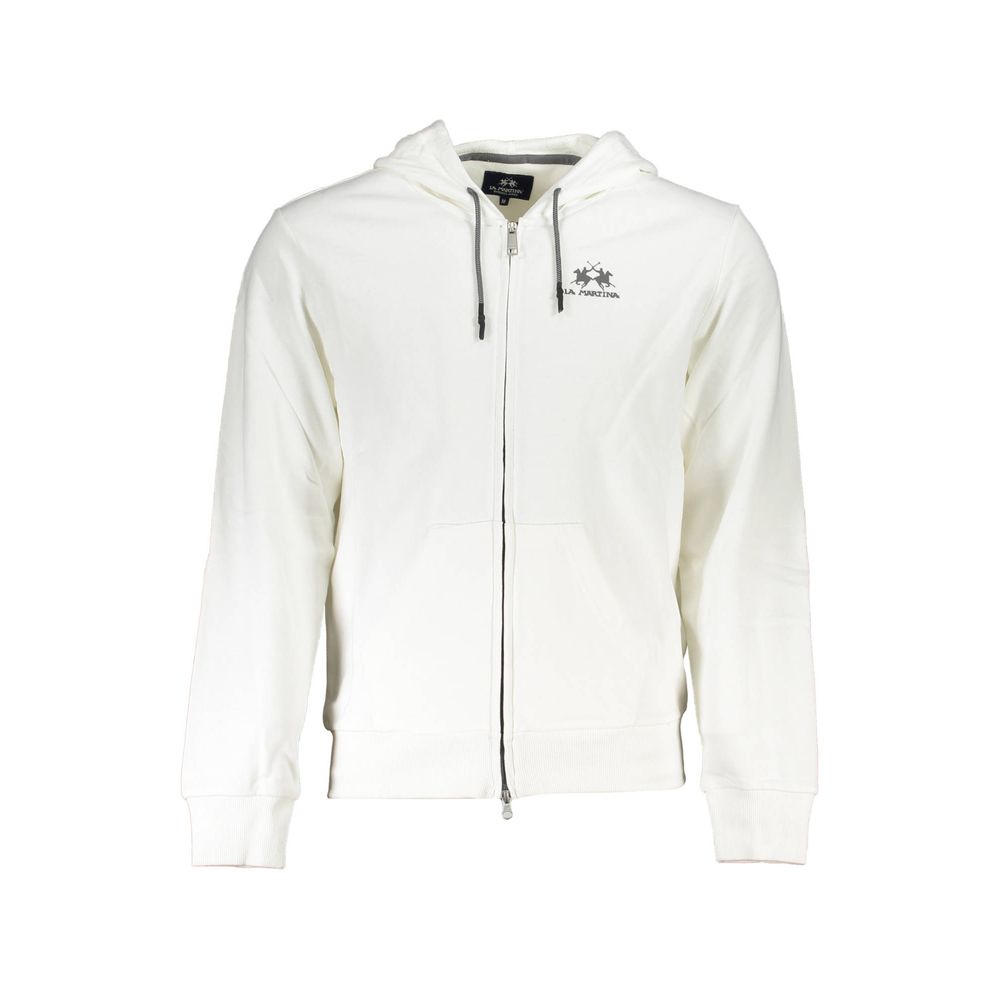 La Martina white cotton men's sweater with hood, zip pockets, and front zipper, casual and stylish for everyday wear.
