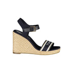 Tommy Hilfiger blue leather women's wedge sandal with ankle strap and open toe, stylish summer footwear.