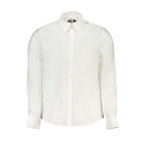 North Sails Bianco Organic Cotton men's shirt displayed on a hanger, showcasing a classic white organic cotton casual shirt.