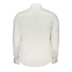 North Sails Bianco organic cotton men's shirt displayed on a hanger, showcasing a classic white button-up with a collar.