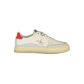 White Calvin Klein polyurethane men's sneaker with sleek design and laces, shown from side view.