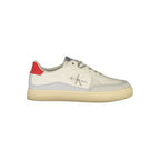 White Calvin Klein polyurethane men's sneaker with sleek design and laces, shown from side view.