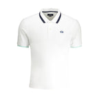 White cotton men's polo shirt by La Martina with a classic collar and short sleeves, displayed flat.