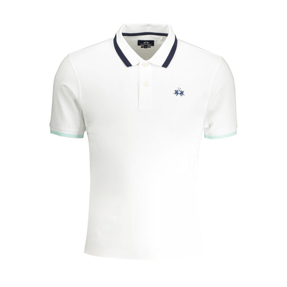 White cotton men's polo shirt by La Martina with a classic collar and short sleeves, displayed flat.