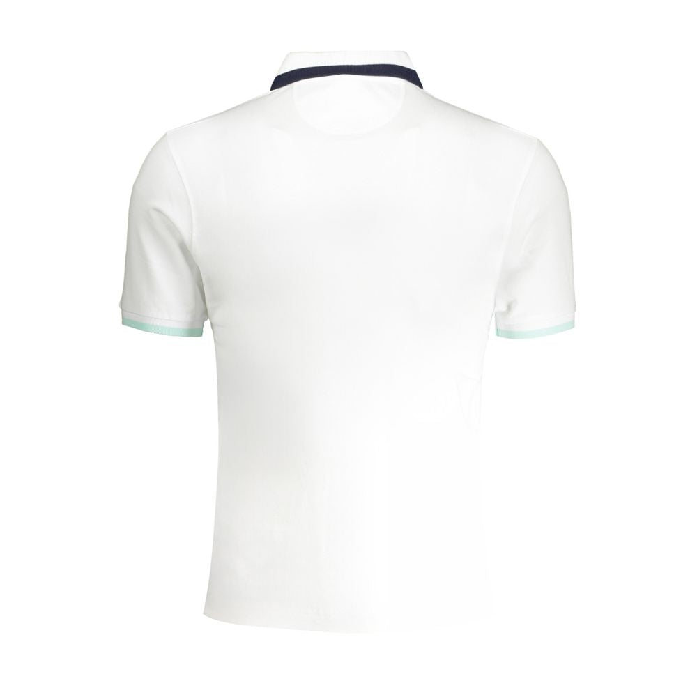 White cotton men's polo shirt by La Martina, featuring a classic collar and short sleeves, displayed on a hanger.