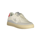 White Calvin Klein polyurethane men's sneaker with sleek design and white laces, displayed on a plain background.