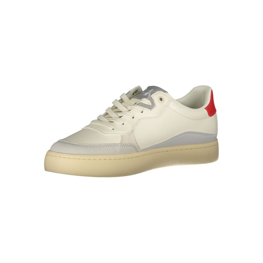 Calvin Klein white polyurethane men's sneaker with sleek design and white laces, featuring the Calvin Klein logo on the side.