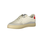 Calvin Klein white polyurethane men's sneaker with sleek design and white laces, featuring the Calvin Klein logo on the side.