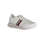 White leather women's sneaker by Tommy Hilfiger with a sleek design and casual style.