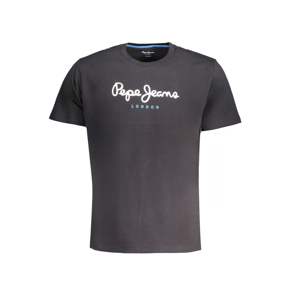 Pepe Jeans blue cotton men's T-shirt with round neckline and short sleeves, casual fit, hanging on a hanger.