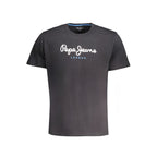 Pepe Jeans blue cotton men's T-shirt with round neckline and short sleeves, casual fit, hanging on a hanger.