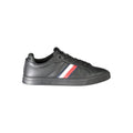 Black leather men's sneaker by Tommy Hilfiger featuring a sleek design and classic branding, perfect for casual and sporty outfits.