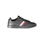 Black leather men's sneaker by Tommy Hilfiger featuring a sleek design and classic branding, perfect for casual and sporty outfits.