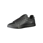 Black leather men's sneaker by Tommy Hilfiger with white sole and sleek design, featuring the brand's logo on the side.