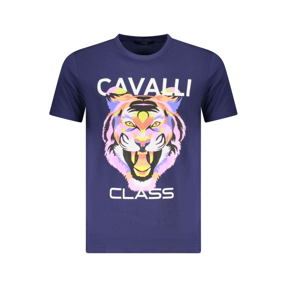 Cavalli Class Blu cotton men's T-shirt with round neckline and short sleeves, featuring a minimalist design.