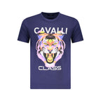 Cavalli Class Blu cotton men's T-shirt with round neckline and short sleeves, featuring a minimalist design.