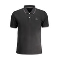 Black cotton men's polo shirt by La Martina, featuring a classic collar and short sleeves, displayed on a plain background.