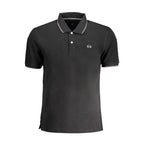 Black cotton men's polo shirt by La Martina, featuring a classic collar and short sleeves, displayed on a plain background.