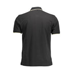 Black cotton men's polo shirt by La Martina, featuring a classic collar and short sleeves, displayed on a hanger.