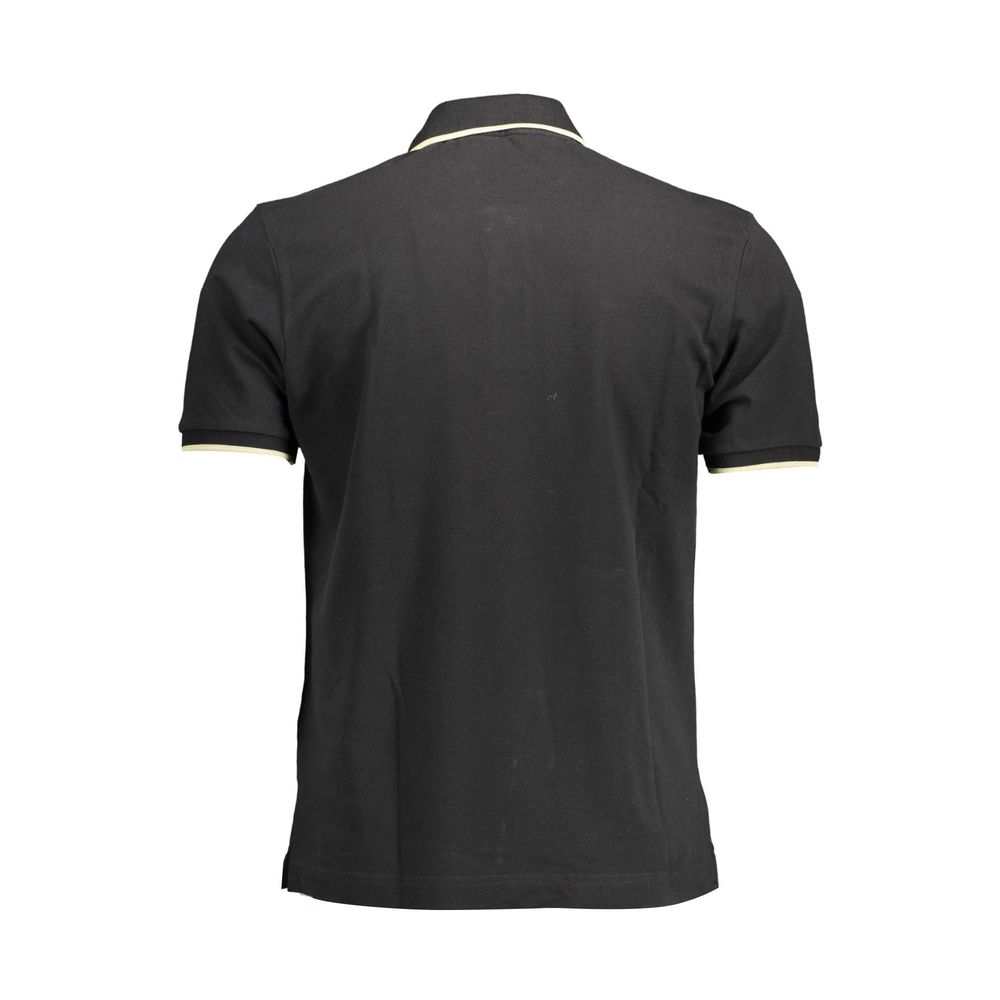 Black cotton men's polo shirt by La Martina, featuring a classic collar and short sleeves, displayed on a hanger.
