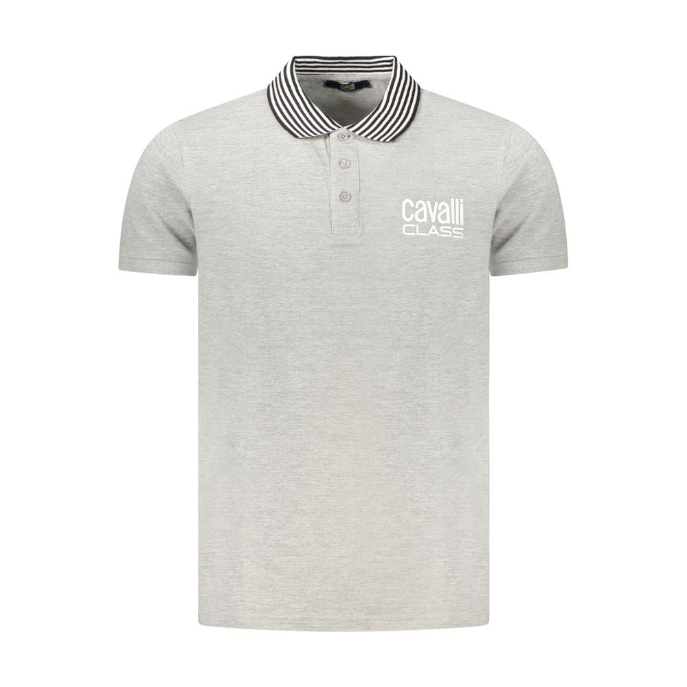 Cavalli Class gray cotton men's polo shirt with classic collar and short sleeves, featuring subtle branding details.