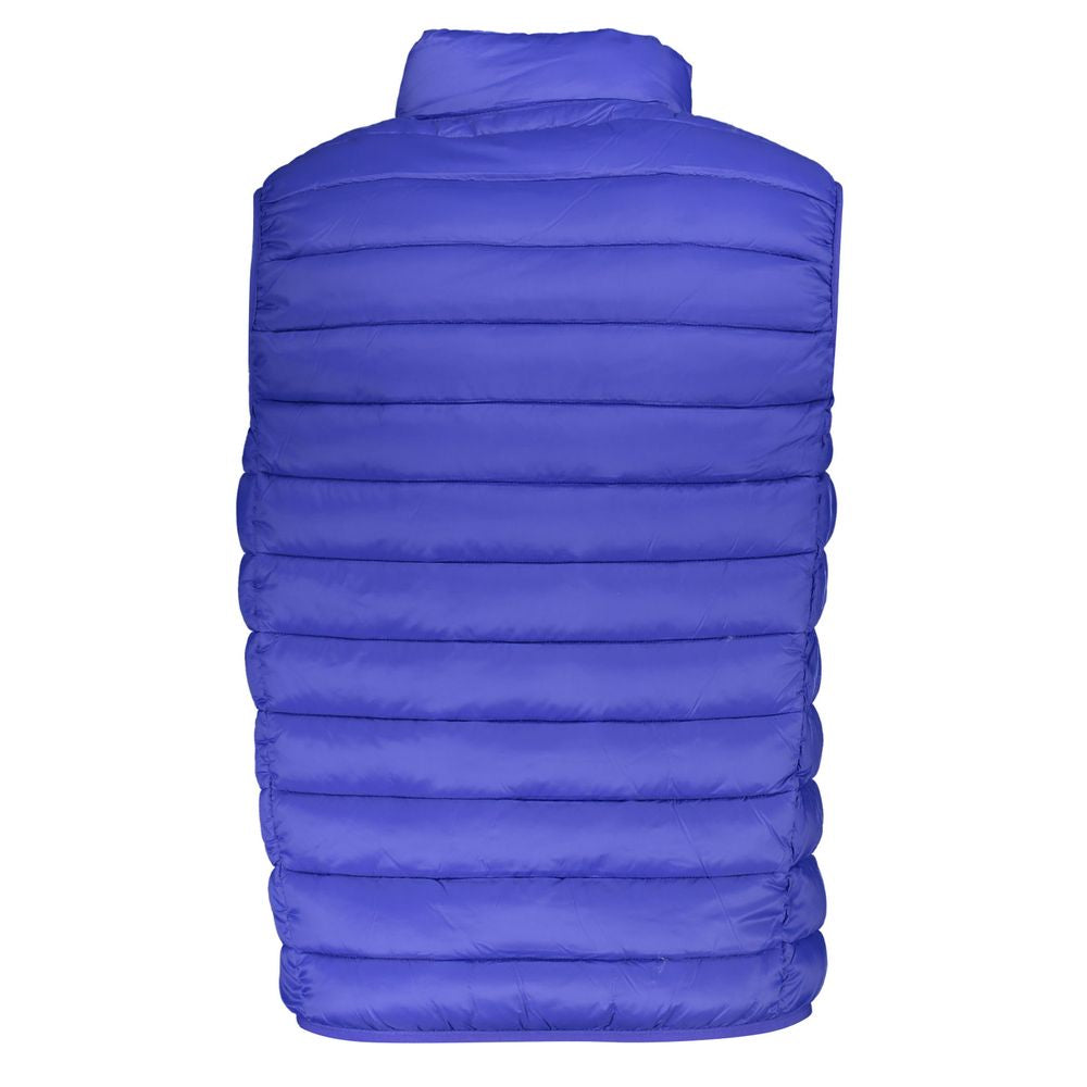 Norway 1963 Blu Poliammide men's vest displayed on a hanger, showcasing the stylish blue fabric and classic design.