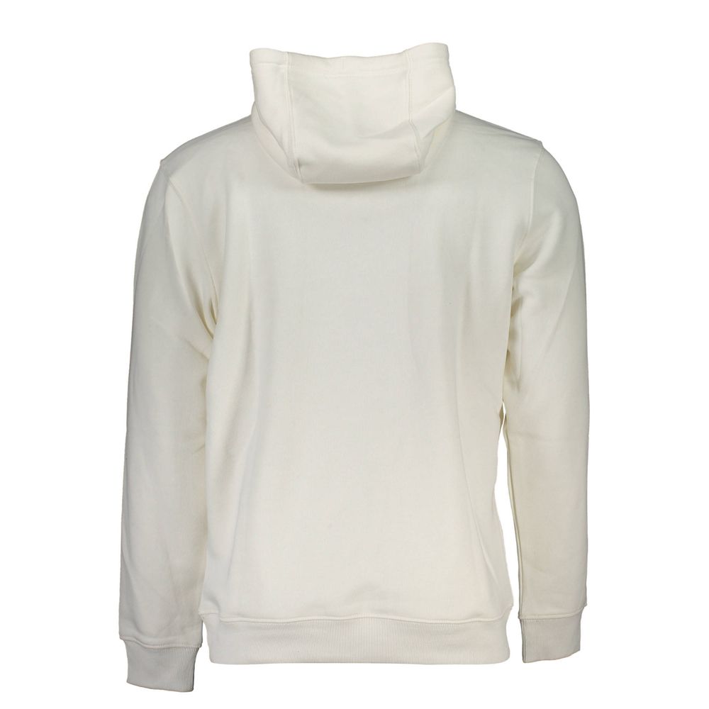 White cotton men's sweater by Tommy Hilfiger with ribbed cuffs and crew neckline, displayed on a hanger.