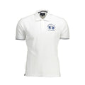 White cotton men's polo shirt by La Martina with a classic collar and button placket, displayed on a plain background.