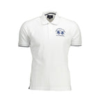 White cotton men's polo shirt by La Martina with a classic collar and button placket, displayed on a plain background.