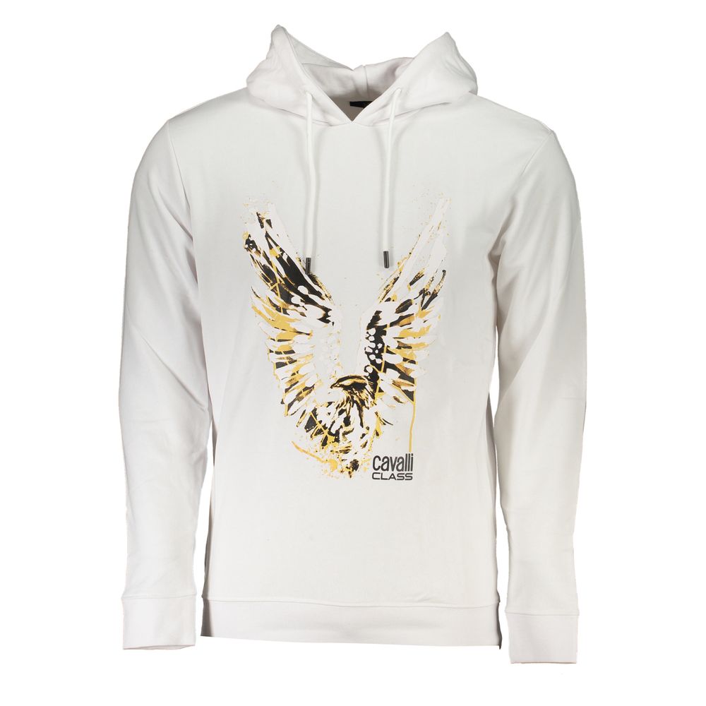 White Cavalli Class cotton men's sweater with a classic crew neck and ribbed cuffs, stylish and comfortable for everyday wear.