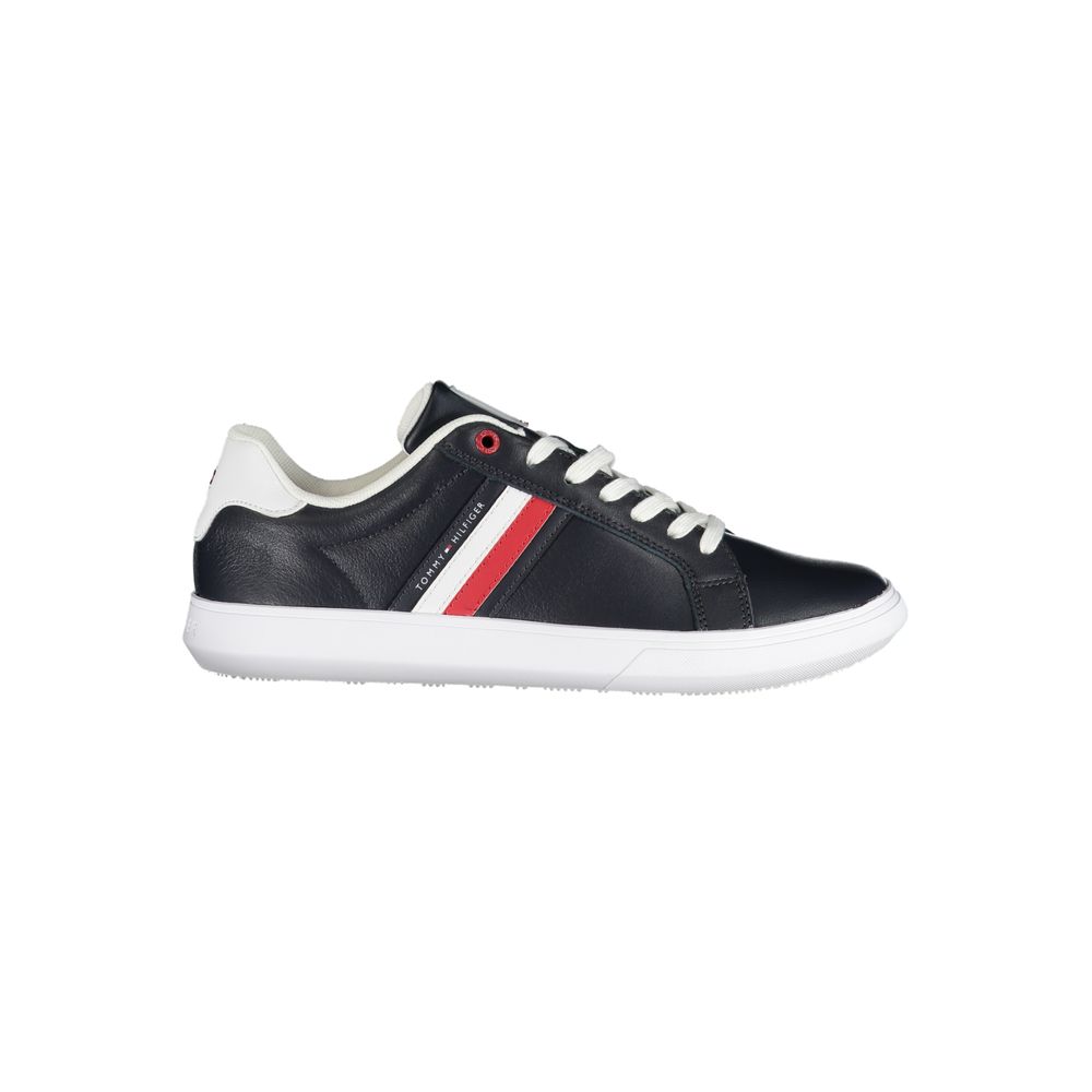 Tommy Hilfiger blue leather men's sneaker with white sole and brand logo detail, stylish casual footwear.