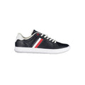 Tommy Hilfiger blue leather men's sneaker with white sole and brand logo detail, stylish casual footwear.