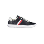 Tommy Hilfiger blue leather men's sneaker with white sole and brand logo detail, stylish casual footwear.