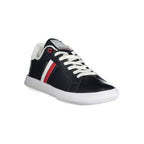 Tommy Hilfiger blue leather men's sneaker with white sole and laces, stylish casual footwear.