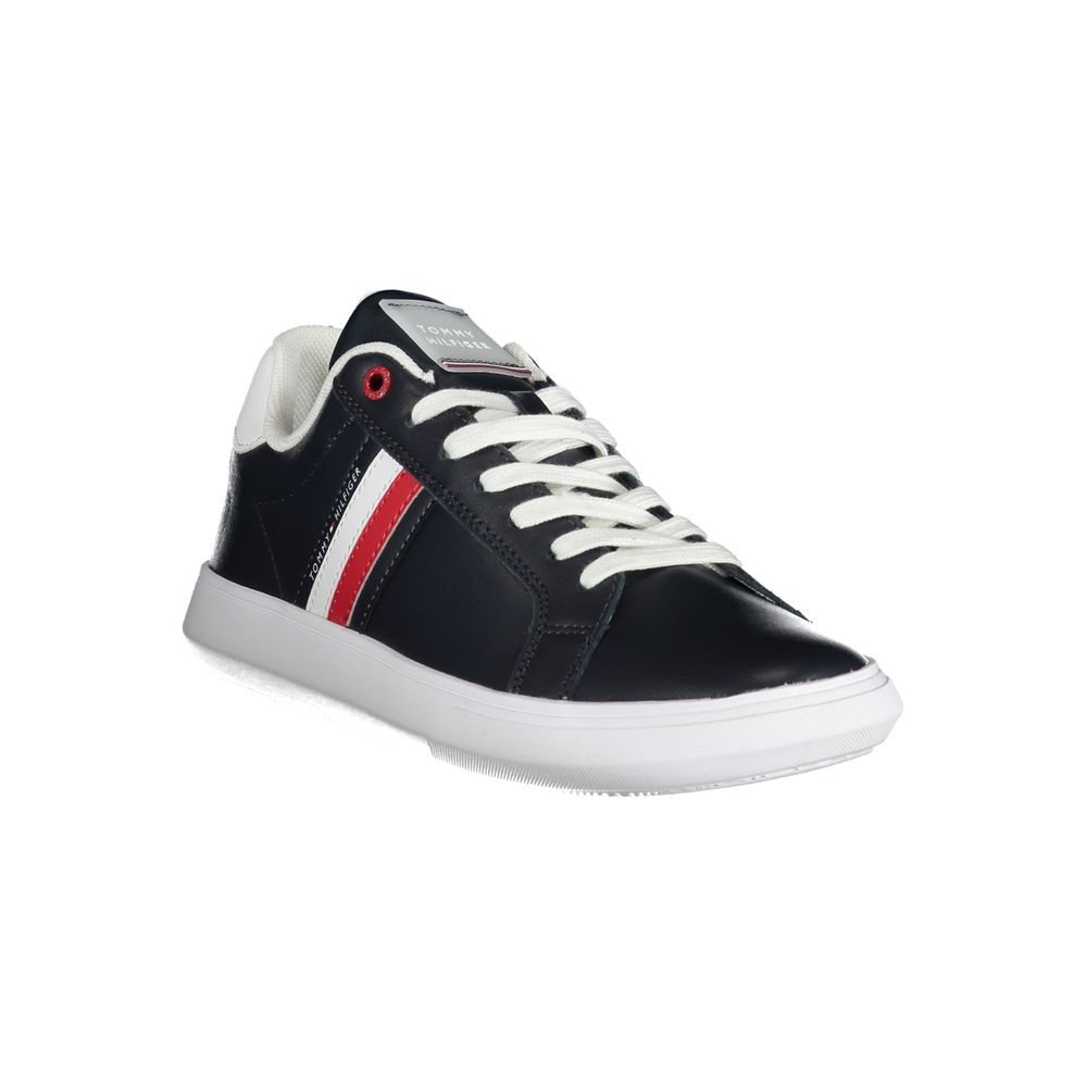 Tommy Hilfiger blue leather men's sneaker with white sole and laces, stylish casual footwear.