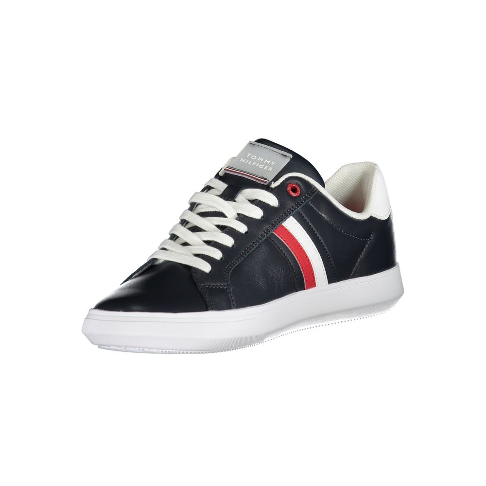 Tommy Hilfiger blue leather men's sneaker with white sole and navy accents, casual footwear for everyday wear.