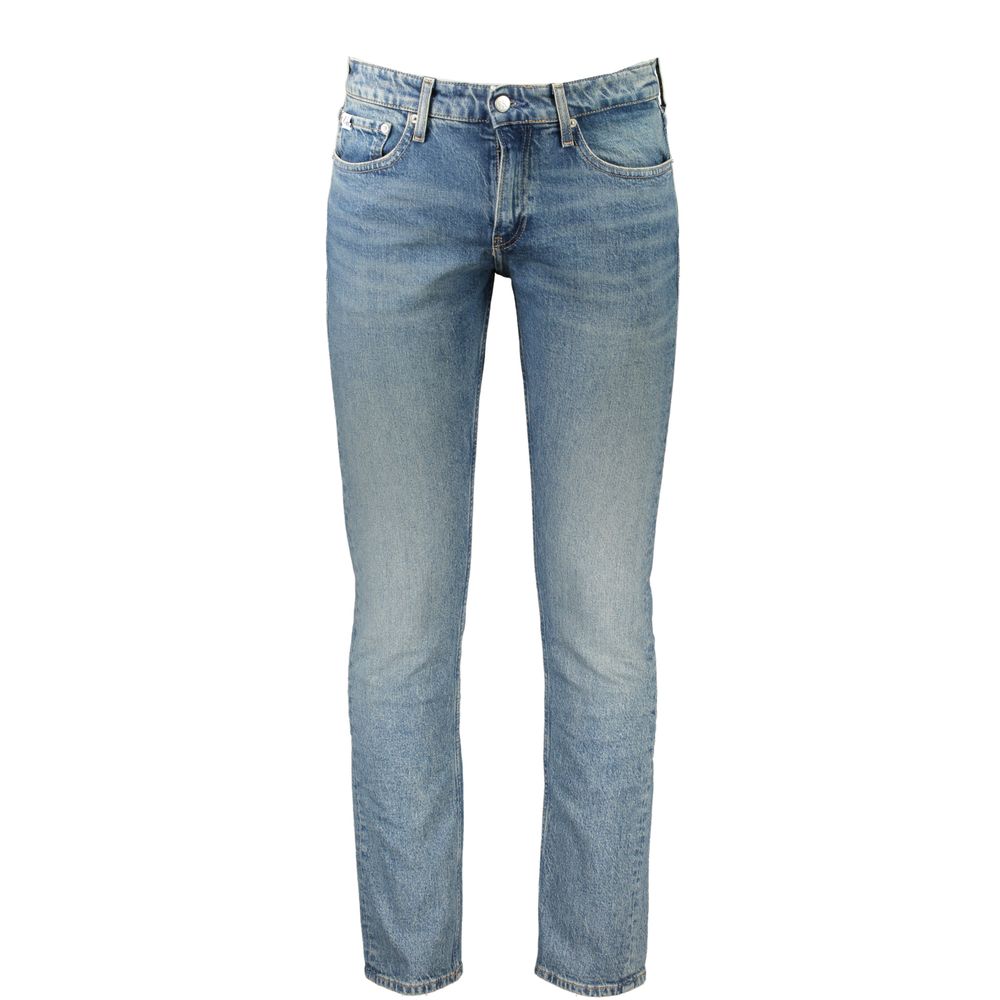 Calvin Klein Blu cotton men's slim jeans displayed on a hanger, showing their classic five-pocket design and sleek fit.