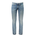 Calvin Klein Blu cotton men's slim jeans displayed on a hanger, showing their classic five-pocket design and sleek fit.