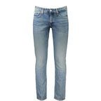 Calvin Klein Blu cotton men's slim jeans displayed on a hanger, showing their classic five-pocket design and sleek fit.