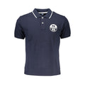 North Sails blue cotton men's polo shirt displayed on a hanger, showcasing its classic collar and short sleeves.