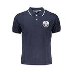 North Sails blue cotton men's polo shirt displayed on a hanger, showcasing its classic collar and short sleeves.