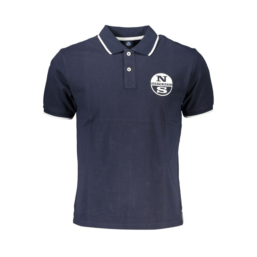 North Sails blue cotton men's polo shirt displayed on a hanger, showcasing its classic collar and short sleeves.