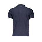 North Sails blue cotton men's polo shirt displayed on a hanger, featuring a classic collar and short sleeves.