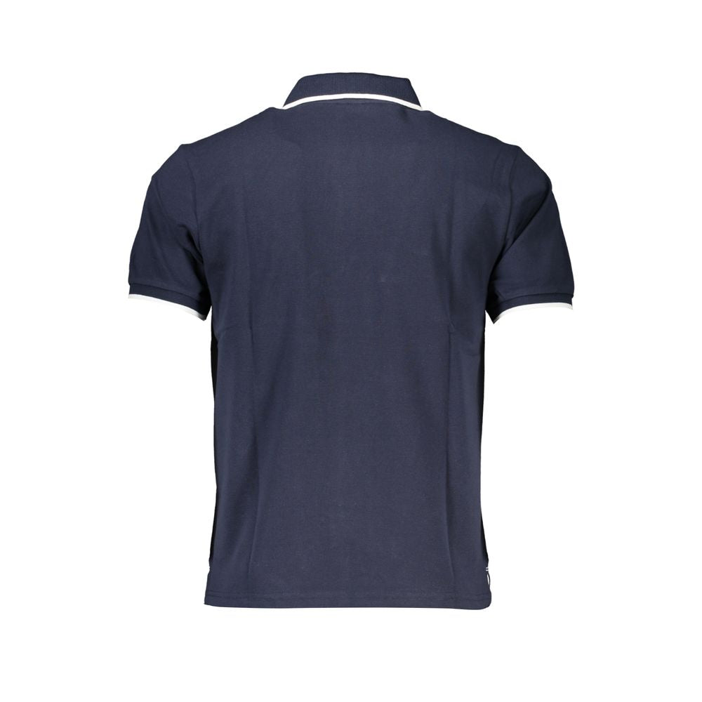 North Sails blue cotton men's polo shirt displayed on a hanger, featuring a classic collar and short sleeves.
