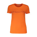 Orange viscose women's T-shirt by Patrizia Pepe with a relaxed fit and short sleeves, displayed flat on a white background.
