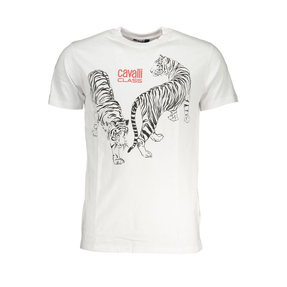 Cavalli Class Bianco cotton men's T-shirt with crew neckline and short sleeves, casual style for everyday wear.