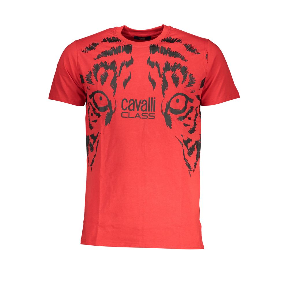 Cavalli Class Rosso cotton men's T-shirt featuring a classic fit and short sleeves, displayed on a hanger.