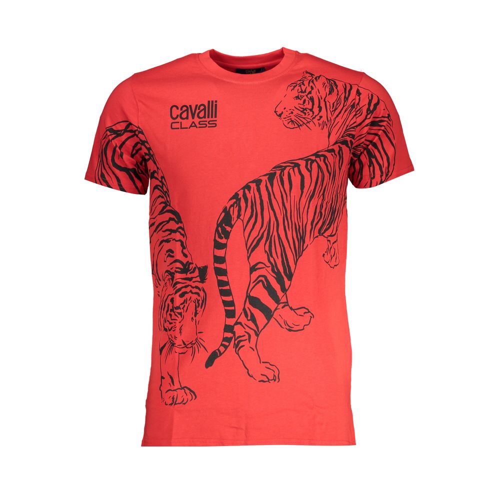 Red cotton men's T-shirt by Cavalli Class, featuring a classic crew neck and smooth fabric, displayed on a plain background.