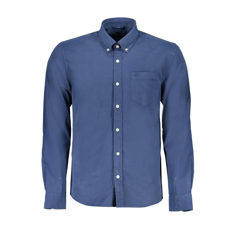 Men's North Sails blue organic cotton shirt with a classic fit and button-down collar, shown on a hanger.